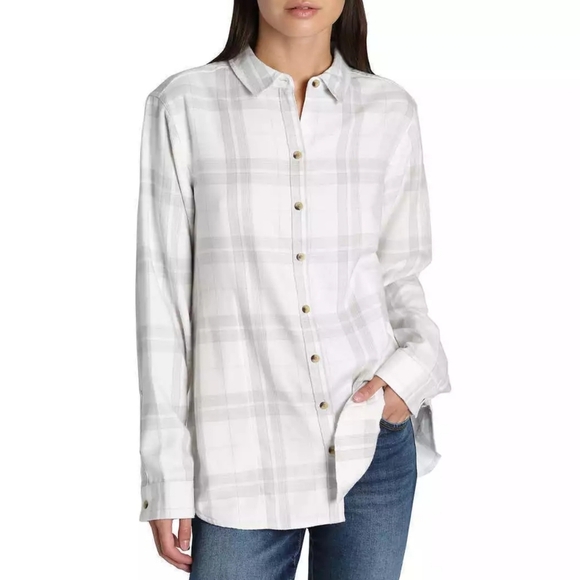 JACHS Girlfriend New York White Gray Flannel Plaid Shirt w/ Side Pockets Size XL - Picture 1 of 7